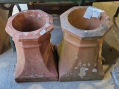 Two vintage terracotta chimney pots with octagonal tops on square tapered bases, 47cm high (2)