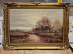 Mid-century oil painting on canvas of cattle watering at a river with thatched cottages in the