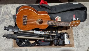 Lanikai ukelele in case, a Velbon camera tripod, an Olympus SE-200 camera, a Kinsman multi-