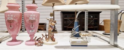 Goebel Hummel ceramic lamp base, a pair of 19th century opaque pink glass vases and a mid-century