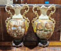 Pair of late 19th/early 20th century Staffordshire pottery mantel urns with transfer-printed