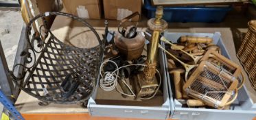 Mixed lot of items including a wrought iron log basket, a copper kettle, a brass column table
