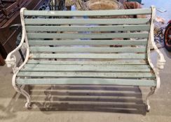 Garden bench, the aluminium white finished frame with lion masks to arm ends, with pale blue