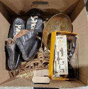 Boxed Stanley No.4 woodworking plane together with a pair of vintage roller skates, cast iron