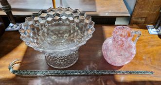 19th century Nailsea glass walking stick (damaged), a pink and white mottled glass jug, a fruit bowl
