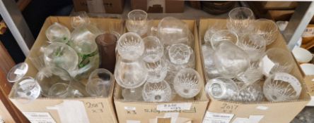 Collection of mainly drinking glasses including etched brandy glasses, large cut glass wine glasses,