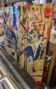 In the manner of Wassily Kandinsky four large abstract stretch canvas prints, the largest 100cm x