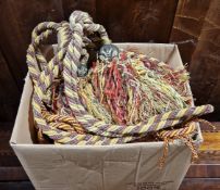 Two pairs of curtain tie backs with tassel ends plus five beaded and embroidered cocktail handbags