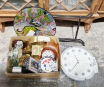 Three miniature brass cased clocks in the form of a grandfather clock and an alarm clock together