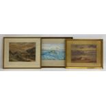 Three 19th century and later watercolour sea and landscapes. All framed and glazed. H.44 W.56cm