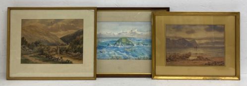 Three 19th century and later watercolour sea and landscapes. All framed and glazed. H.44 W.56cm