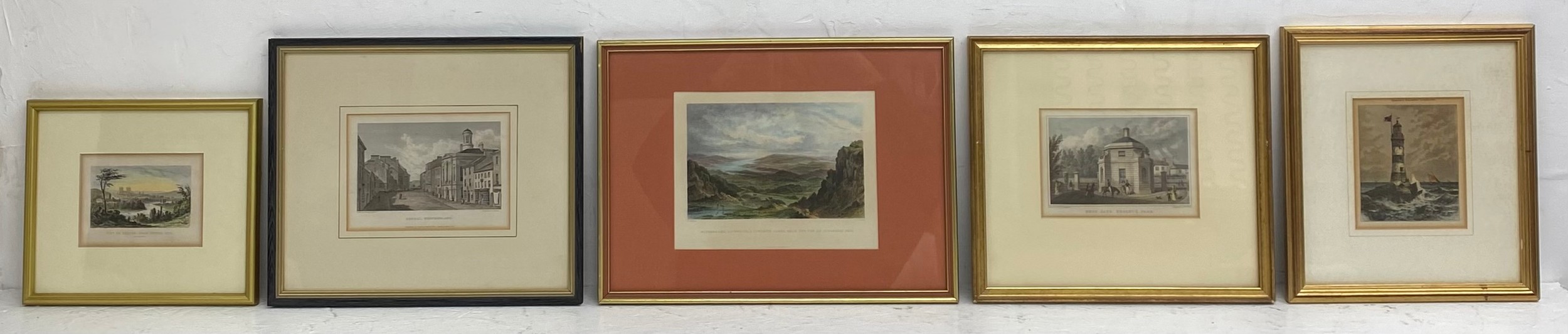 Five 19th century and later hand coloured engravings. All framed and glazed. H.28 W.38cm largest