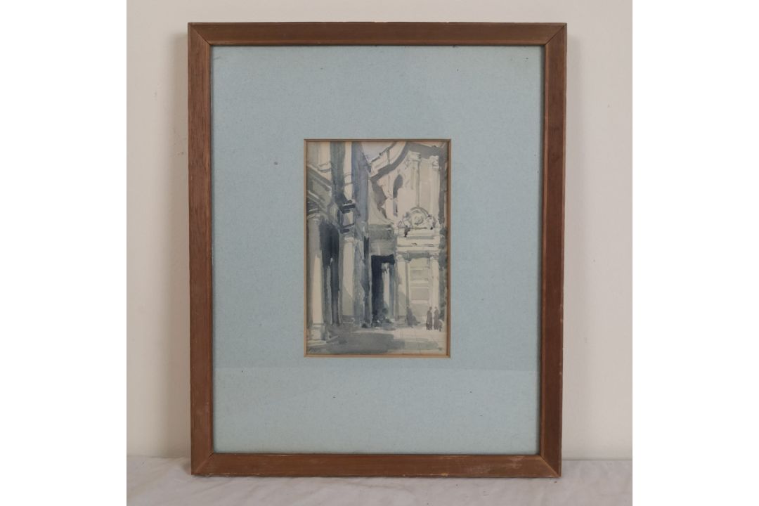 A framed and glazed watercolour study, figures in a classical architectural setting, signed Keene. - Image 2 of 5