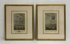 A pair of French 18th century hand coloured engravings depicting early hot air balloon flights by