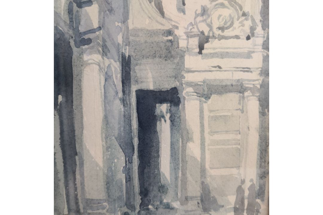 A framed and glazed watercolour study, figures in a classical architectural setting, signed Keene. - Image 3 of 5