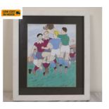 A framed and glazed watercolour, mid century style footballers, indistinctly signed. 29x34cm.