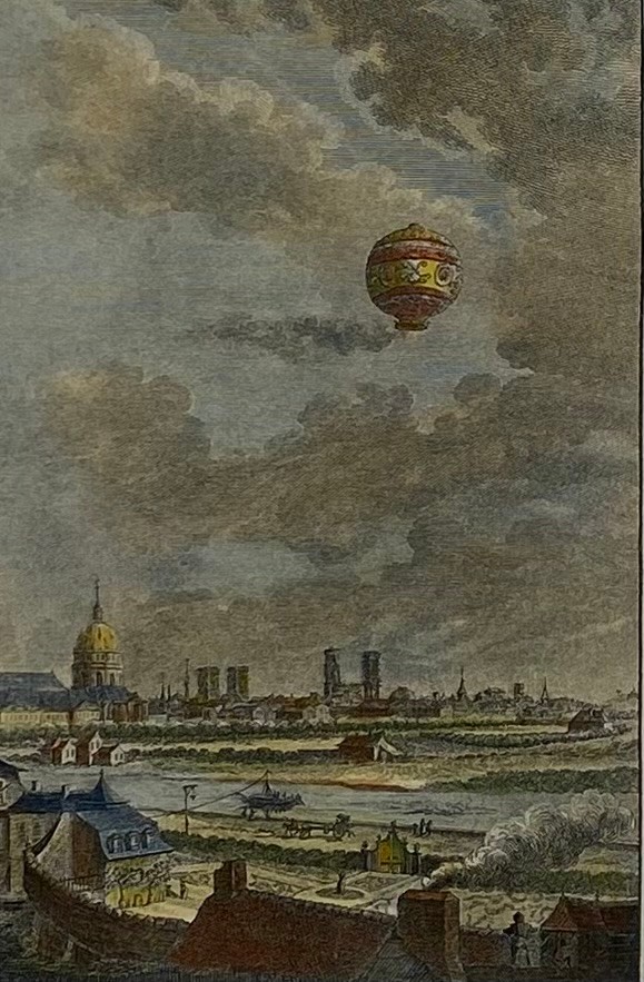 A pair of French 18th century hand coloured engravings depicting early hot air balloon flights by - Image 2 of 6