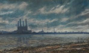 A large contemporary pastel, view of Battersea Power Station from the Thames, Signed Bob McNicoll