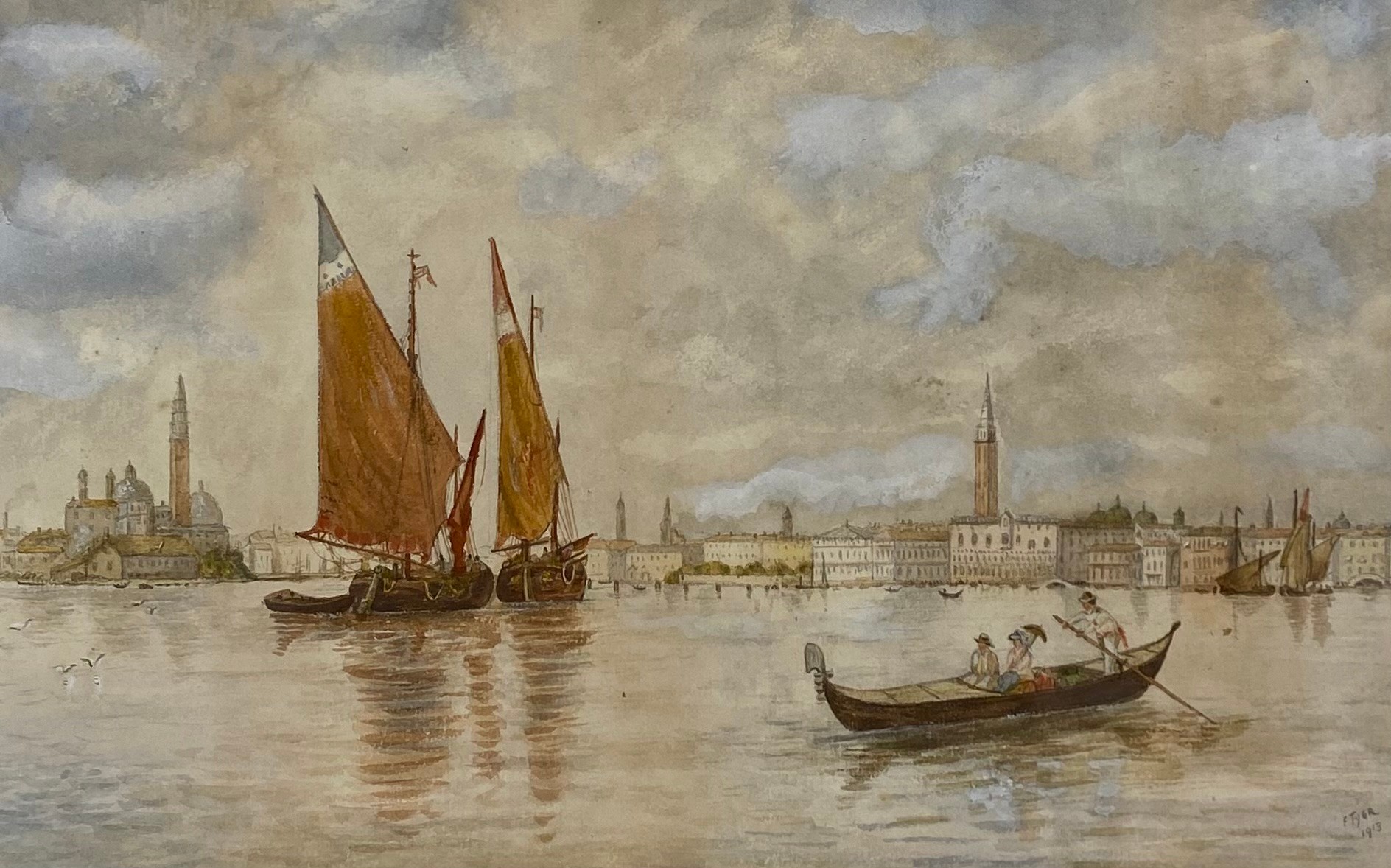 A pair of early 20th century watercolour views of Venice by F. Tyer. Both signed and dated 1913 - Image 3 of 6