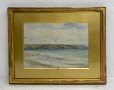 An early 20th century watercolur seascape titled 'Aberystwyth from Towyn' 1904 by M. R. Cleland,