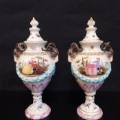 A pair of 19th century Meissen porcelain potpourri vases of urn form each having a flame finial