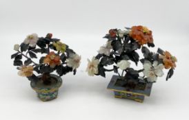 Two miniature Chinese carved soapstone and cloisonne model bonsai trees. H.22cm (Largest).