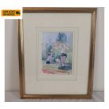 Robert D Taylor, a framed and glazed watercolour, artists at work, monogrammed with label to