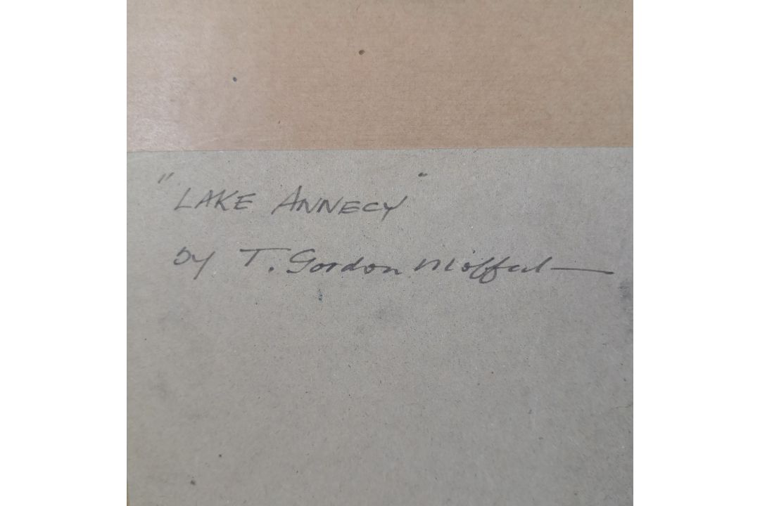 T Gordon Moffat, ink and wash, Lake Annecy, signed and inscribed to the reverse. 53x45cm. - Image 6 of 6