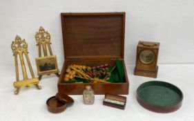 A mixed lot to include a sterling silver overlay glass flask, a C.1900 table or parlour croquet set,