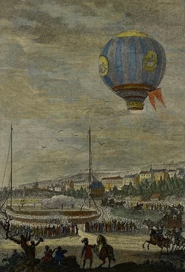 A pair of French 18th century hand coloured engravings depicting early hot air balloon flights by - Image 3 of 6