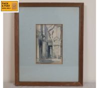 A framed and glazed watercolour study, figures in a classical architectural setting, signed Keene.