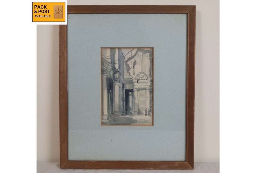 A framed and glazed watercolour study, figures in a classical architectural setting, signed Keene. - Image 1 of 5