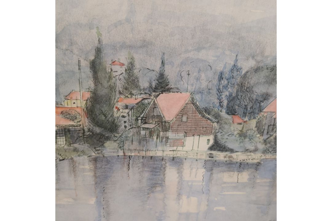 T Gordon Moffat, ink and wash, Lake Annecy, signed and inscribed to the reverse. 53x45cm. - Image 3 of 6