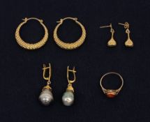 A pair of grey baroque pearl drop earrings with 18ct yellow gold findings together with a pair of