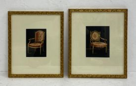 Two 20th century watercolour studies of Louis XVI giltwood Aubusson tapestry upholstered fauteuil