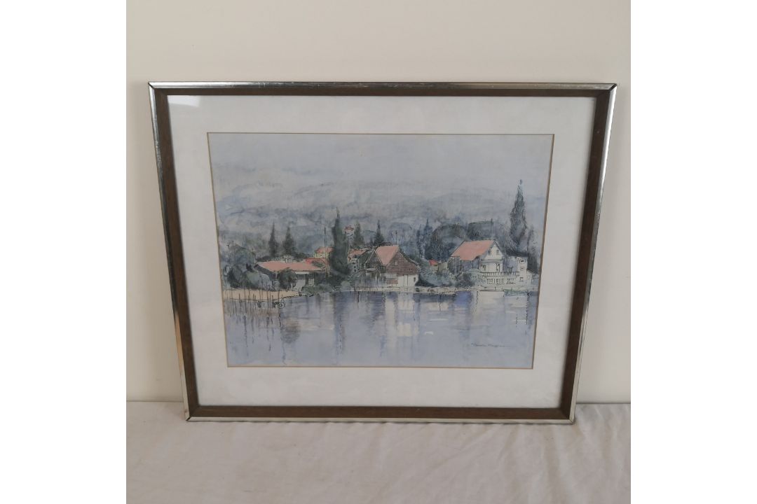 T Gordon Moffat, ink and wash, Lake Annecy, signed and inscribed to the reverse. 53x45cm. - Image 2 of 6