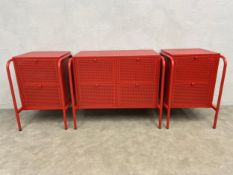 A vintage Ikea red powder-coated steel openwork Nikkeby chest of drawers together with the