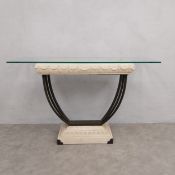 A contemporary console table with bevelled plate glass top over the Neoclassical style composite