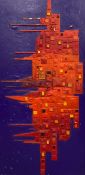 A large mid-century mixed media abstract painting on board by Vera Roslyn. H.124 W.62cm.