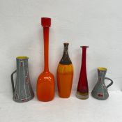 Two mid-century West German ceramic Sheurich vases together with two glass and one other ceramic