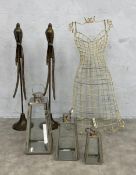 A mixed lot to include a vintage wirework mannequin, a pair of contemporary bronzed metal figural