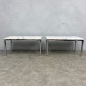 A pair of mid to late 20th century low side or coffee tables each with white marble top raised on