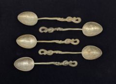 A set of five Russian hallmarked .840 silver Nagasaki souvenir spoons each with cast snake and rat