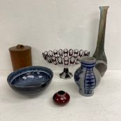 A mixed collection of items to include studio pottery and art glass. H.47cm. (Largest)