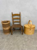 A C.1900 ladder-back chair with woven rush seat together with a vintage wicker basket and a maple