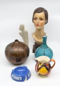 A mixed lot to include a vintage Art Deco style bust together with a Modernist carved stone
