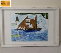 Bill Payne (b.1951), contemporary naive school oil on panel titled 'Blue Ship with Crew', signed and