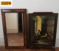 A mid century oak framed mirror and a similar screen with folding feet. 66x38cm. (Largest).
