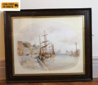 A framed and glazed watercolour, sailing ships in a harbour signed LeClere with label to the
