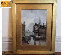 A 19th century continental school oil on board, townscape, gilt framed. 53x42cm.